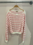 GOLDEN Jazzey Striped Off The Shoulder Knit Sweater in Ivory Pink