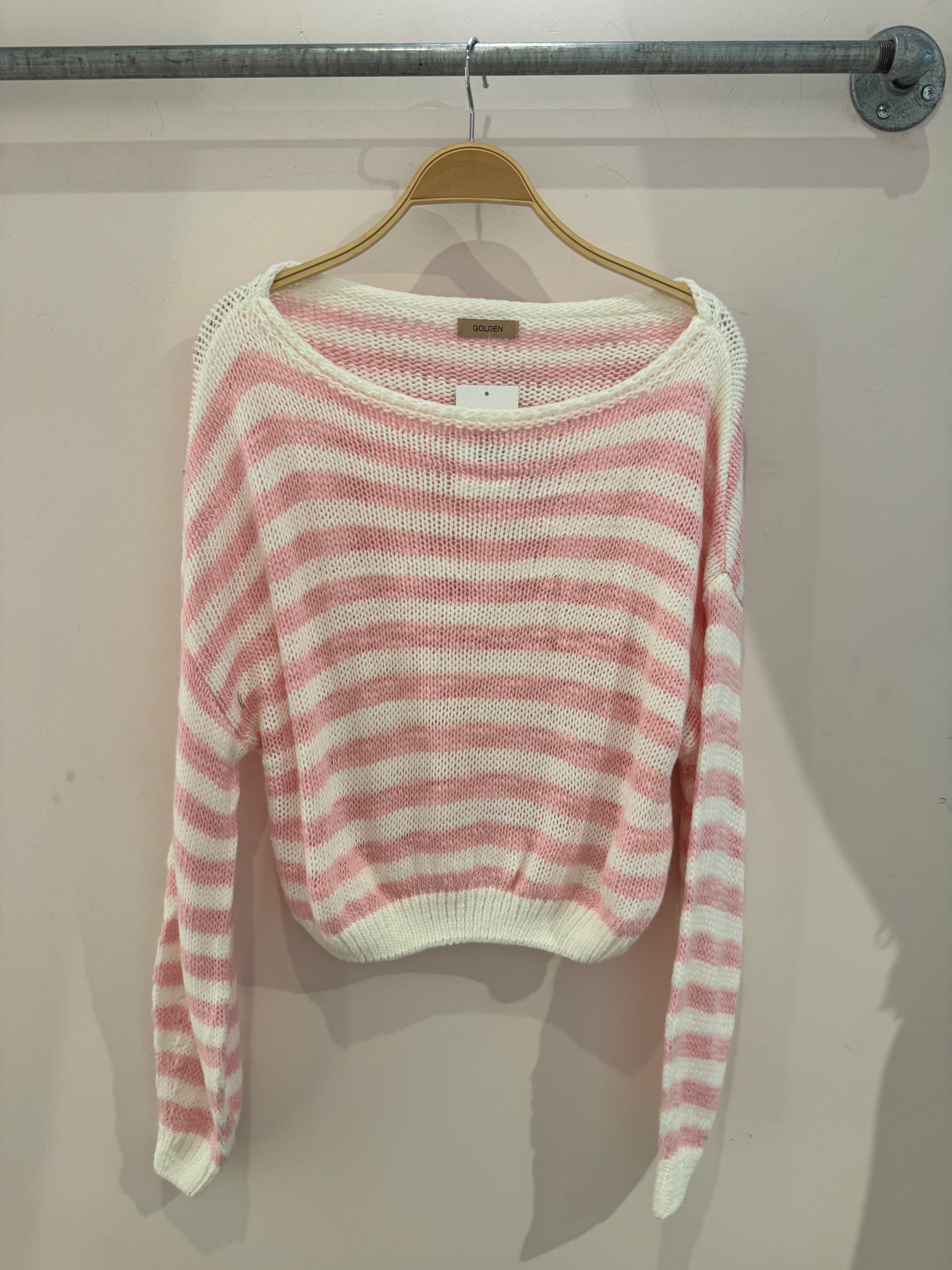 GOLDEN Jazzey Striped Off The Shoulder Knit Sweater in Ivory Pink