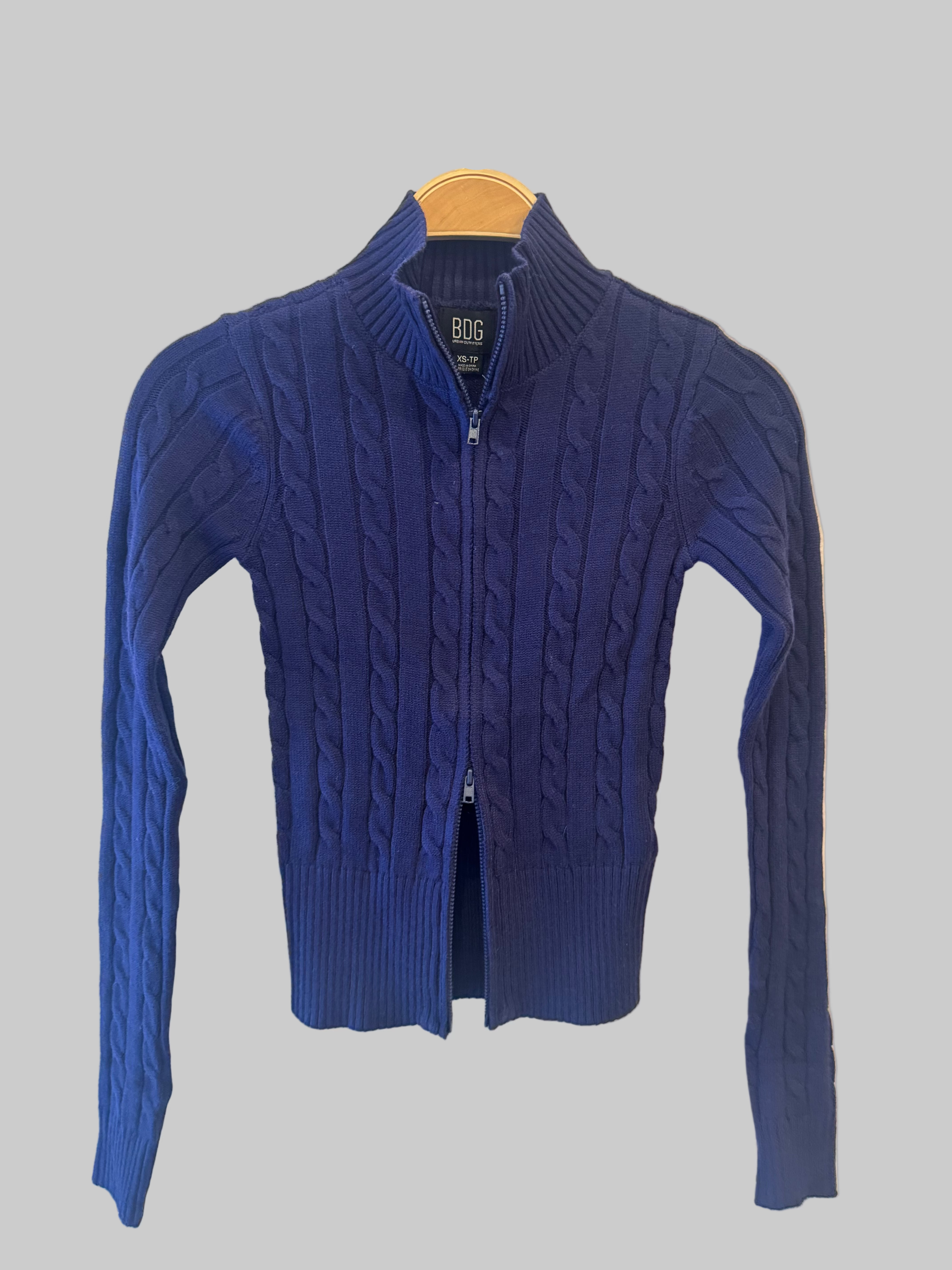 BDG Cable Zip Up Knit in Navy