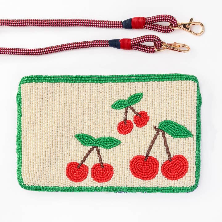 Ink + Alloy Leila Seed Bead Clutch with Strap Cherries
