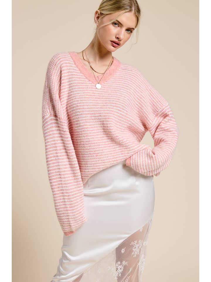 Mimosa Striped V Neck Knit Sweater Coral