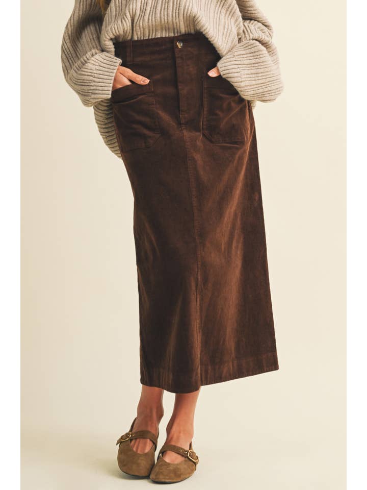Mustard Seed Wale Corduroy Patch Pocket Midi Skirt