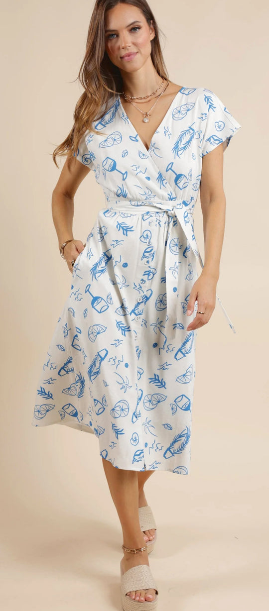 SAGE THE LABEL Citrus Splash Surplice Belted Midi Dress