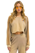 Aviator Nation Classic Stripe Cropped Crew Sweatshirt Relaxed Faded Tan