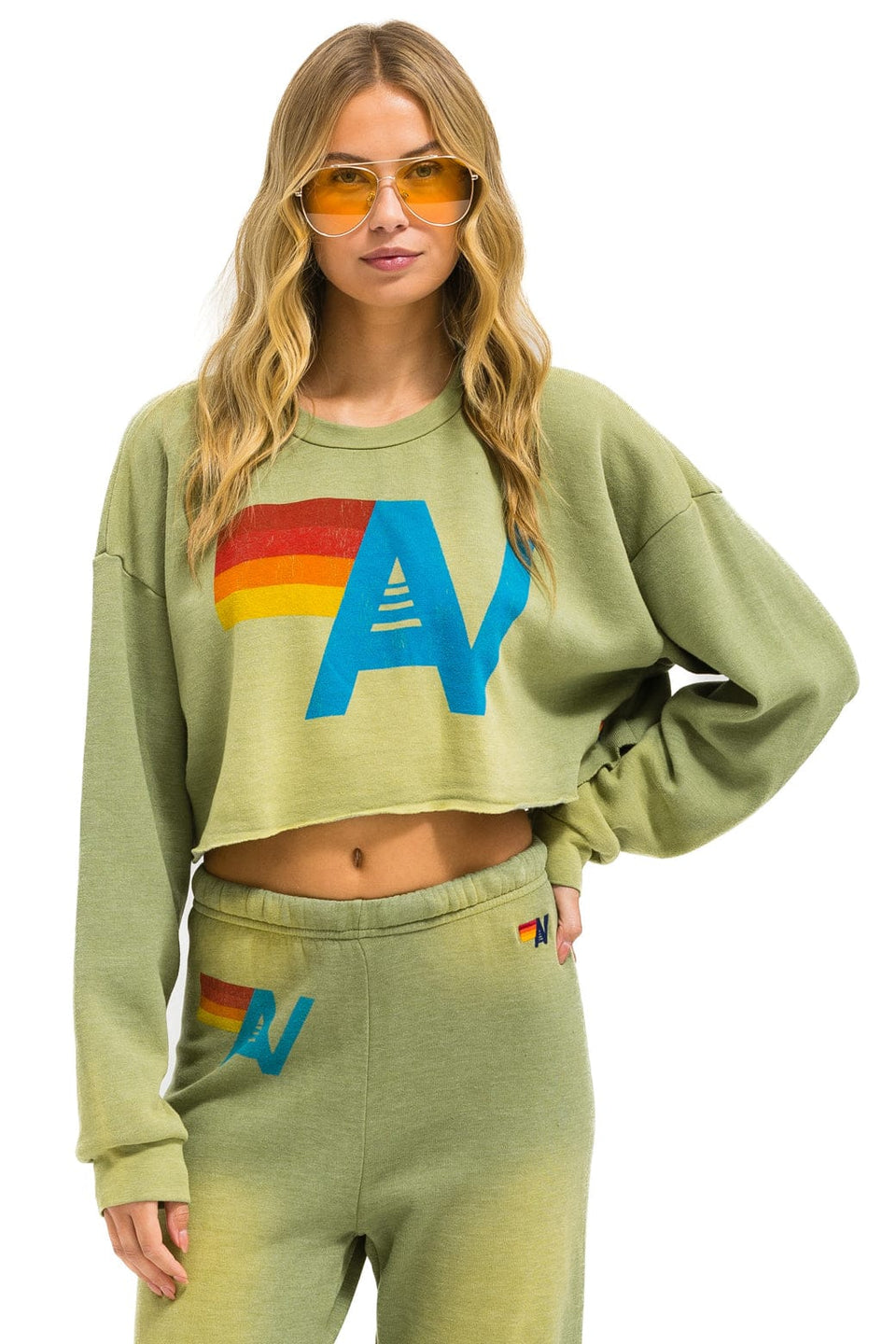 Aviator Nation Vintage Logo Cropped Crew Sweatshirt Relaxed Faded Army