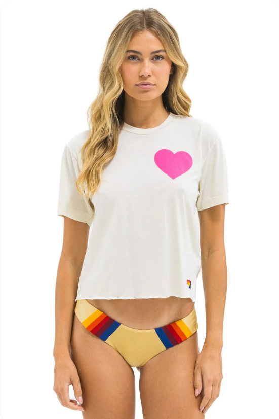 Aviator Nation Heart Print Boyfriend Tee in Vintage White/Neon Pink