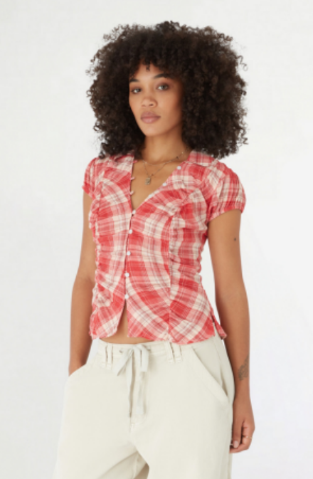 BDG Nadine Ruched Shirt Red Check