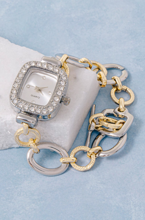 YAZ.  Two Tone Cz Toggle Chain Bracelet Watch