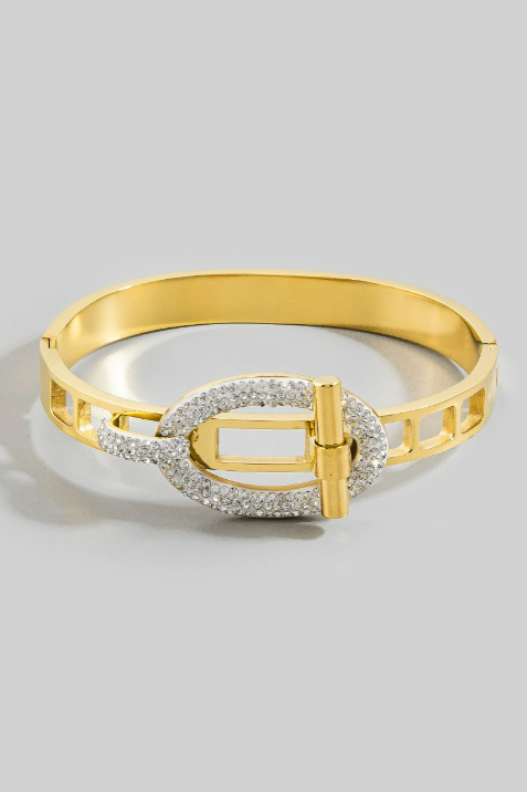 YAZ.  Stainless Steel Pave Oval Buckle Hinged Bangle Bracelet