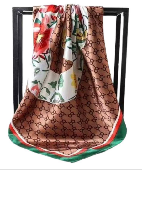 YAZ. Floral Monogram Silky Bandana Scarf Brown
