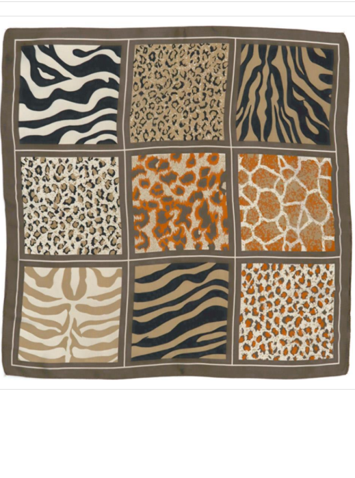YAZ. Animal Mix Leopard Zebra Silky Bandana Square Scarf Cream