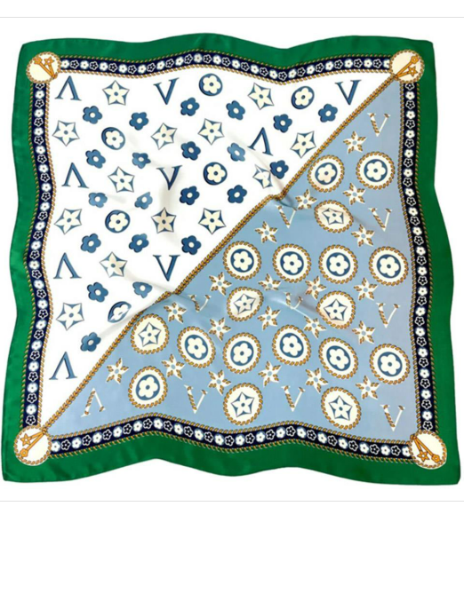YAZ. Retro Flower Pattern Silky Bandana Square Scarf Green