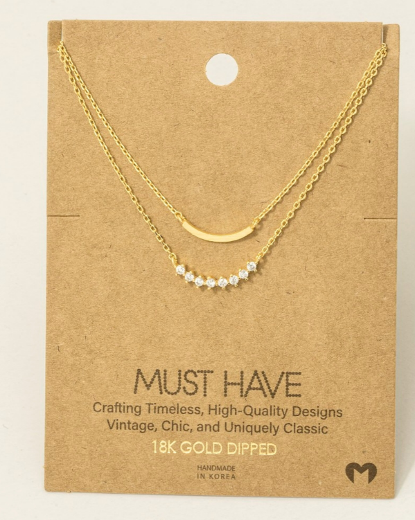 GOLDEN Gold Dipped Layered Rhinestone Curved Bar Necklace