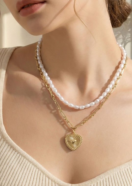 GOLDEN Heart Pendant Layered Pearl Beads And Chain Necklace