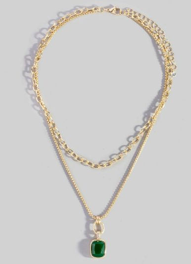 GOLDEN Double Layered Chain Crystal Square Pendant Necklace Emerald