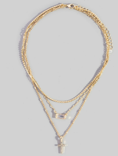 GOLDEN Triple Layered Chain Pave Cross Pendant Necklace