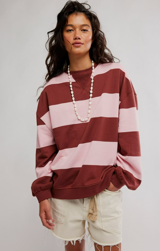 Free People Classic Stripe Crew Wide Strawberry WIne