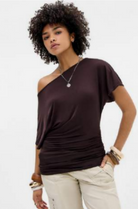 BDG Slash Neck Ruched Top Brown