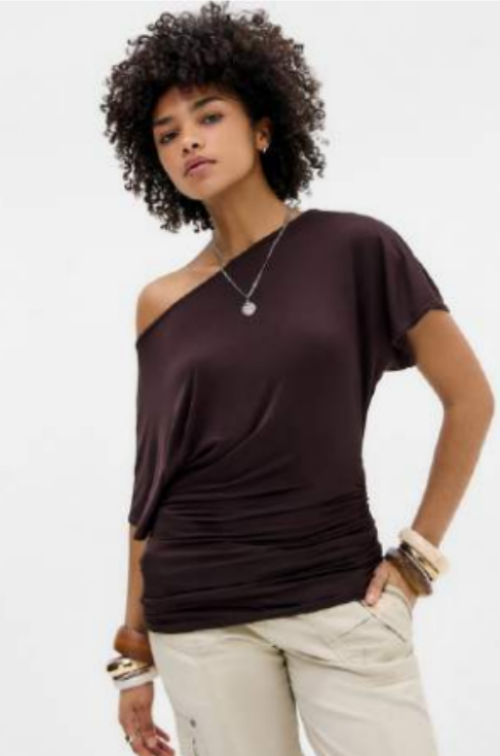 BDG Slash Neck Ruched Top Brown