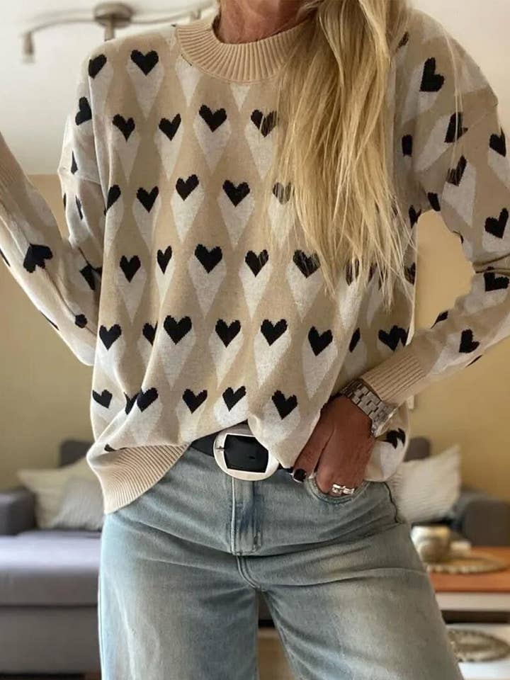 Suhkasana Valentine Heart Print Cozy Knit Loose Fit Sweater