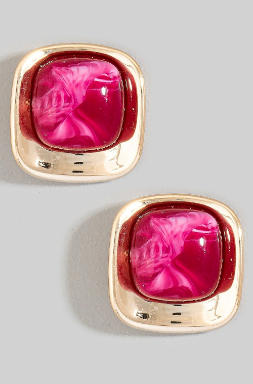 YAZ. Marble Rounded Square Studs in Fuchsia