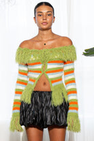YAZ. Zuri Off Shoulder Striped Shaggy Fringed Cardigan