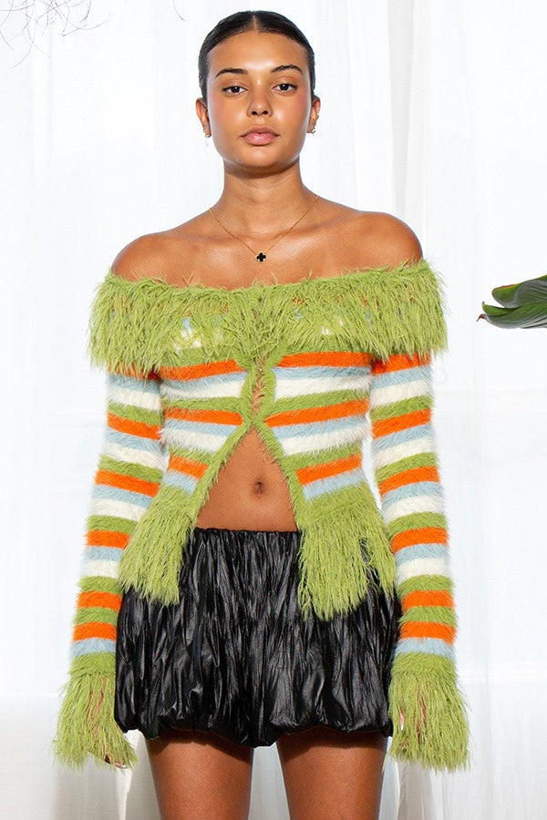 YAZ. Zuri Off Shoulder Striped Shaggy Fringed Cardigan