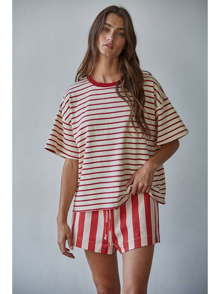 By Together Knit Cotton Striped Short Sleeve Crew Neck Top
