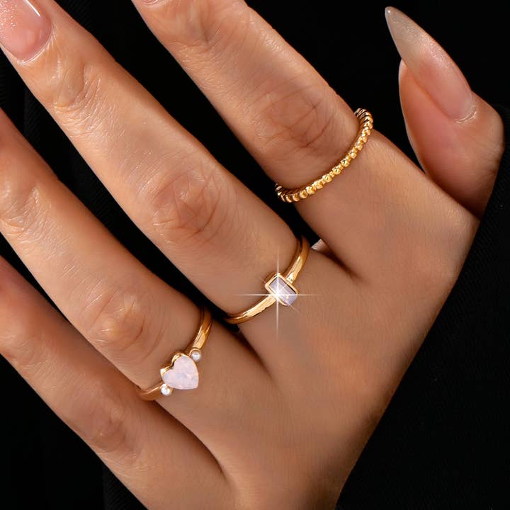 JOSSLYN by Wall to Wall Milky Pink Opal Baguette Heart 3-Piece Ring Set | 80R300 by JOSSLYN by Wall to Wall
