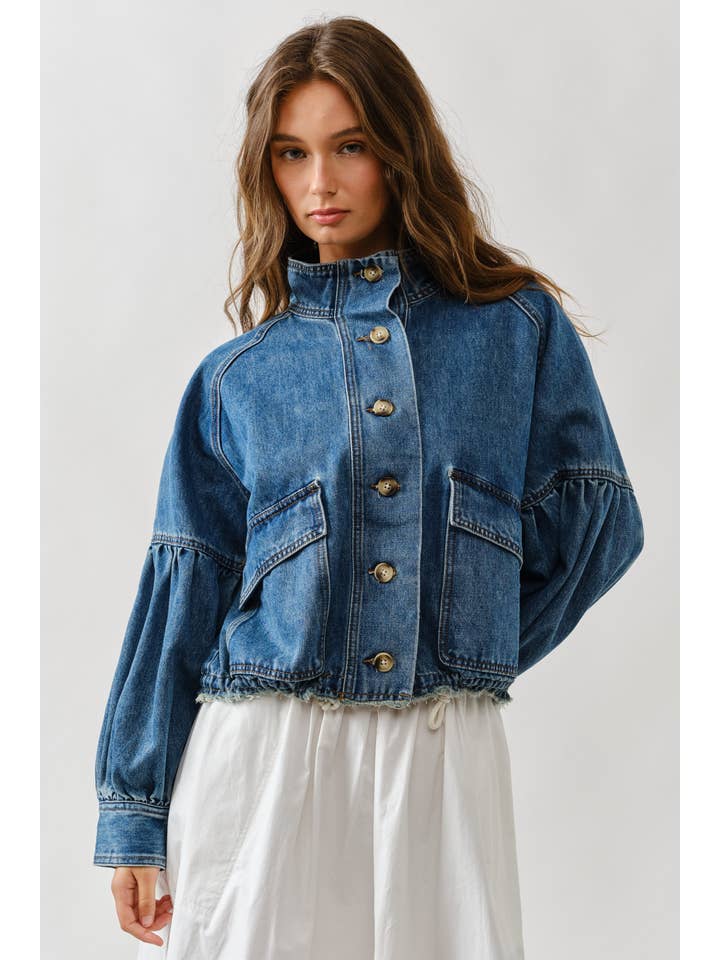 Aaron & Amber Ballon Sleeve Twill Jacket Drawsting Waist