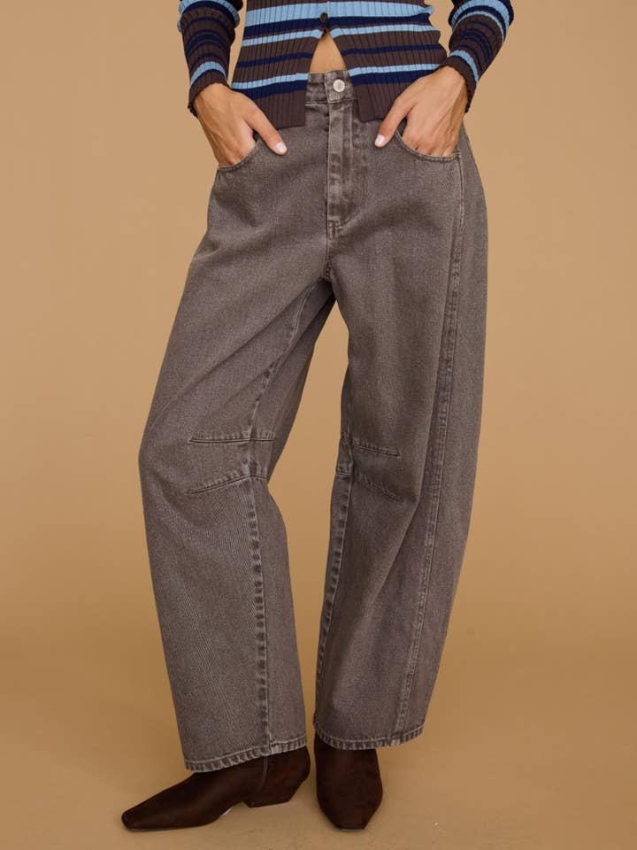 Dottie Dottie Garage Washed Barrel Leg Denim Jeans in Chocolate by Dottie Dottie Garage