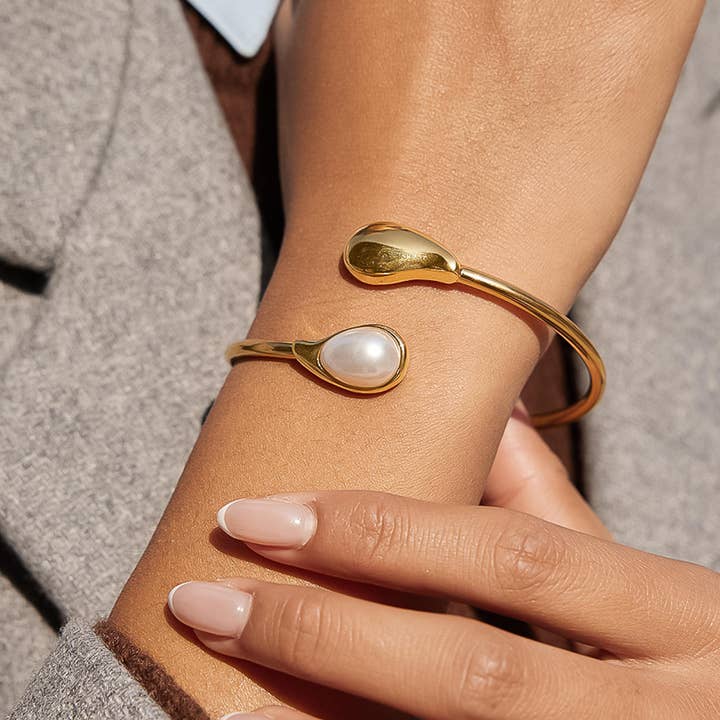 Flanerie by MAIQ Harbor 18K Gold Non-Tarnish Open Cuff Stone Bracelet by Flanerie by MAIQ