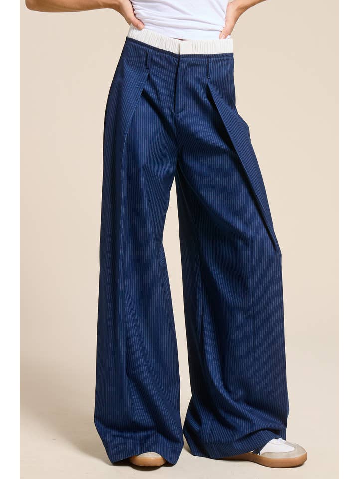 Mimosa Pinstripe Wide Leg Pants with Contrast Waistband