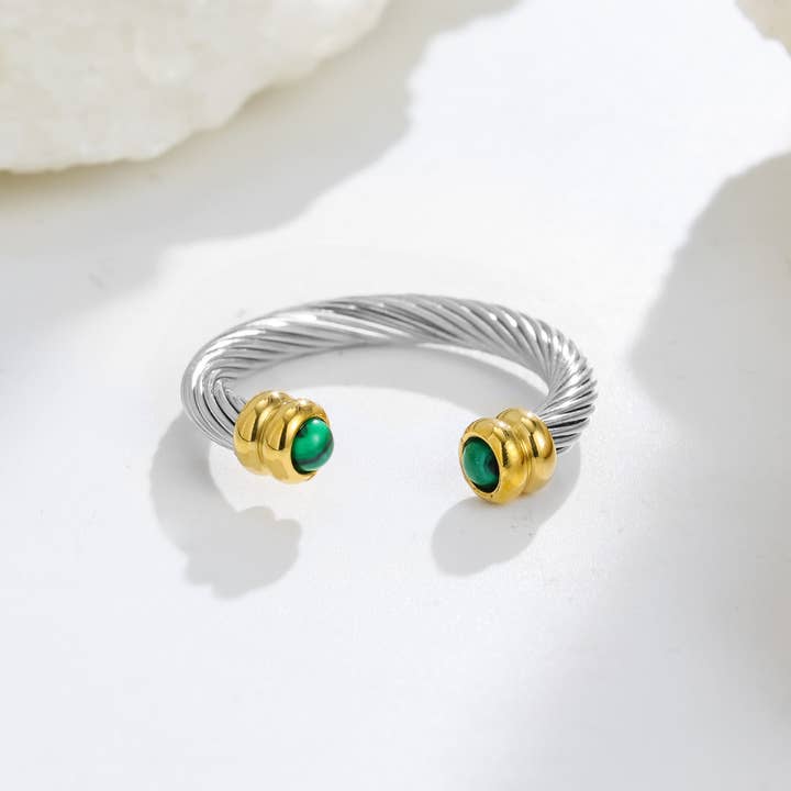 Perimade & Co Vintage Cable Wire Open Cuff Crystal Ring by Perimade & Co