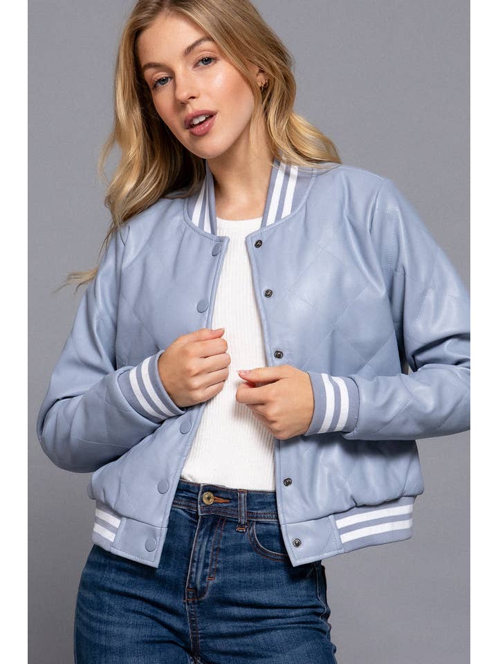 Active Basic Long Sleeve Quilted Pu Faux Leather Bomber Jacket blue