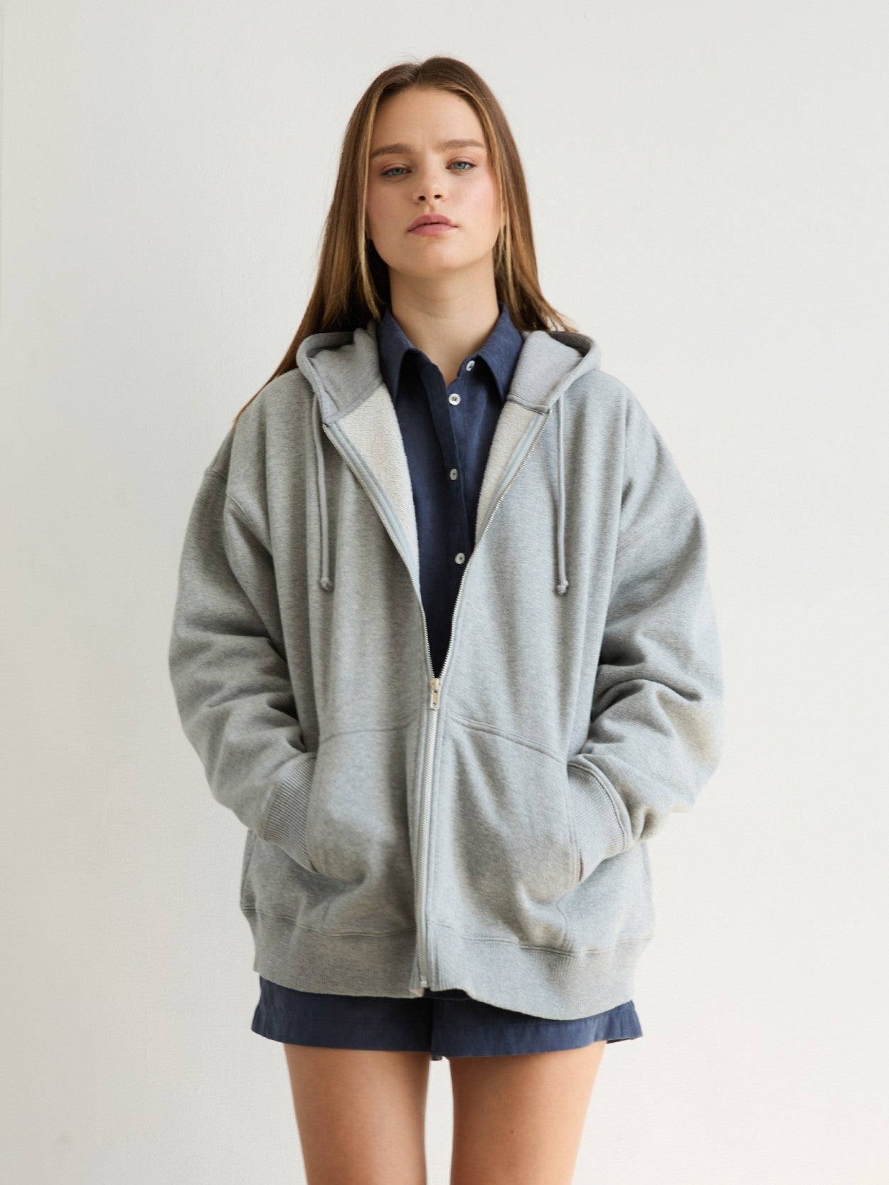 GOLDEN Arabelle Cotton Soft Fleece Zip Up Hoodie Heather Grey