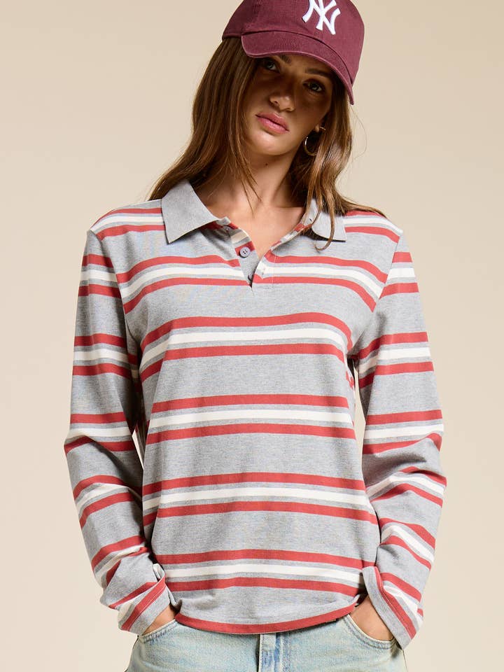 Mimosa Boxy Fit Striped Knit Polo Shirt