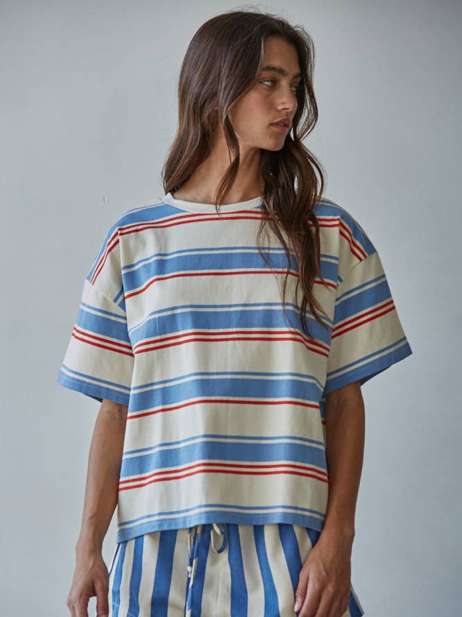 By Together Knit Cotton Multi Striped Short Sleeve Top