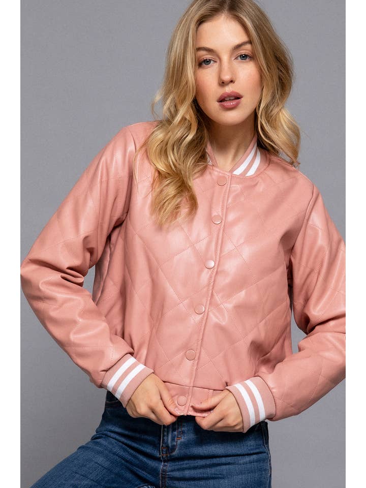 Active Basic Long Sleeve Quilted Pu Faux Leather Bomber Jacket