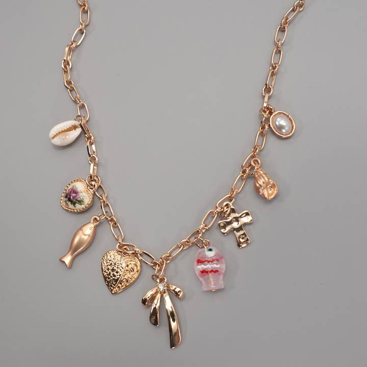 JOSSLYN by Wall to Wall Charm Necklace-Fish Bow Charm Pearl Shell Cross | 80N92183