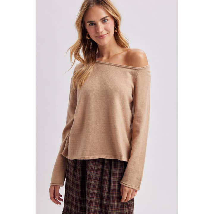 Wishlist Apparel One Shoulder Relaxed Knit Sweater Top Mocha