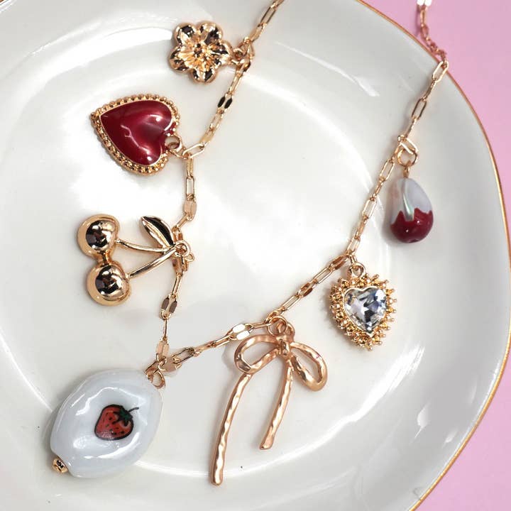 JOSSLYN by Wall to Wall Charm Necklace-Porcelain Strawberry Cherry Bow | 80N92144