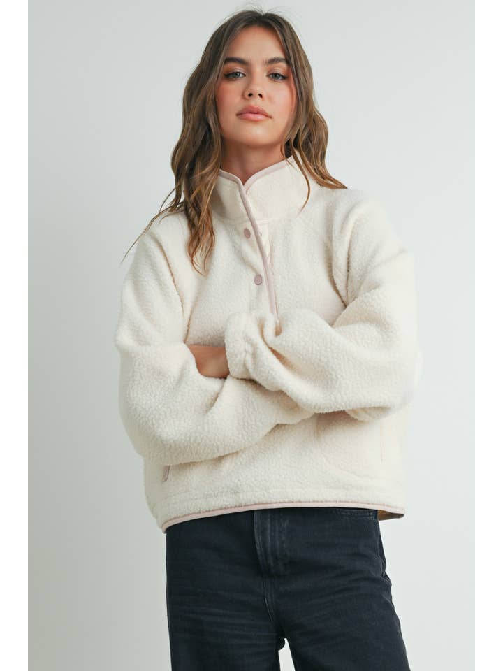 Buttermelon Fleece Button Front Side Pocket Long Sleeve Top