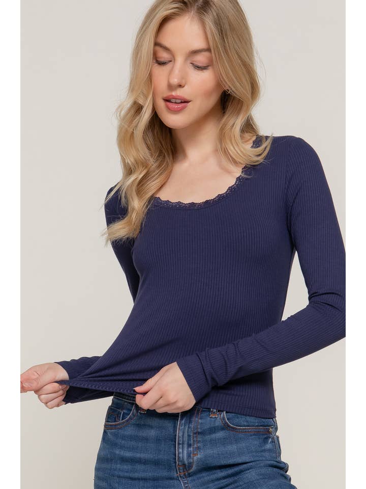 Active Basic Long Sleeve Scoop Neck with Lace Trim Rib Knit Top