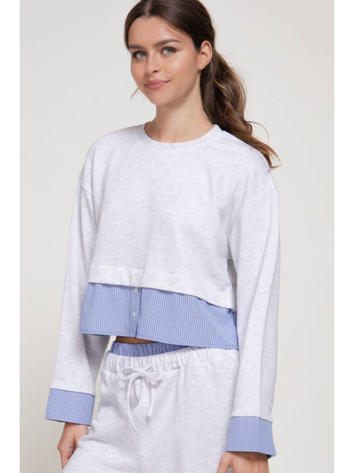 Active Basic Long Sleeve Sweatshirt with Contrasting Check Panel