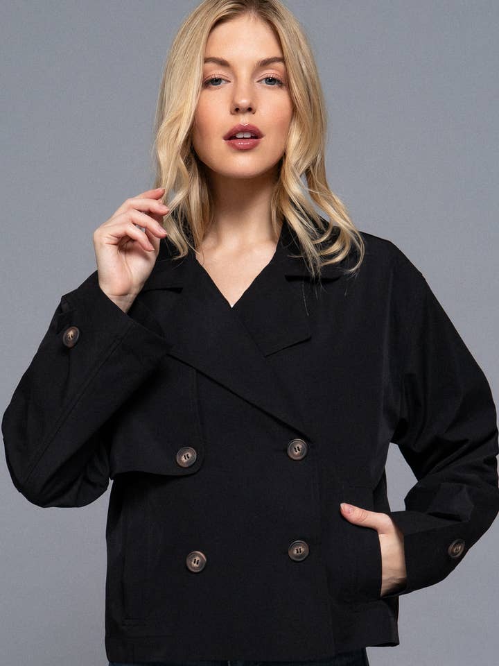 Active Basic Long Sleeve Front Double Breasted Short Trench Jacket