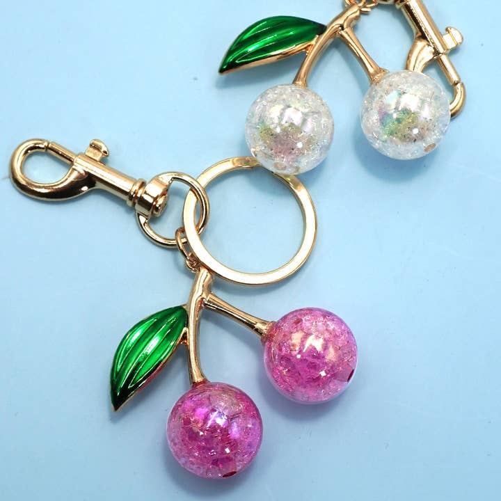 JOSSLYN by Wall to Wall Pearlie Cherry Drop with Leaf Keychain Bag Charm