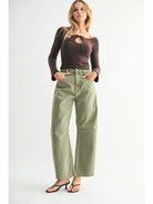 Just Black Denim Barrel Jeans with Seams in Vintage Olive