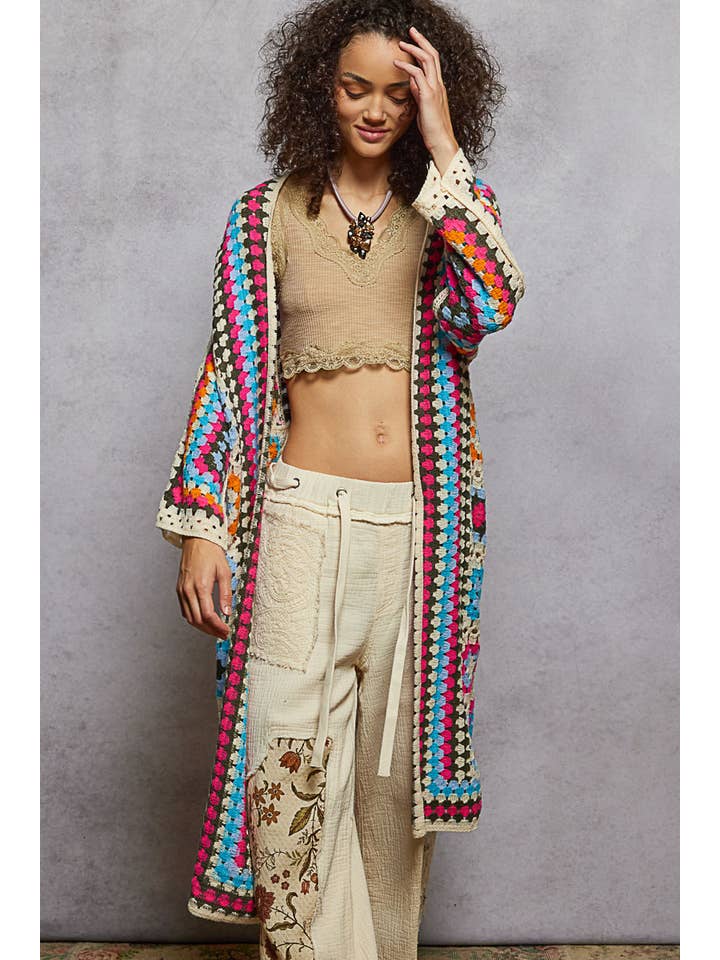 Pol Clothing Long Sleeve Crochet Multi Colored Cardigan