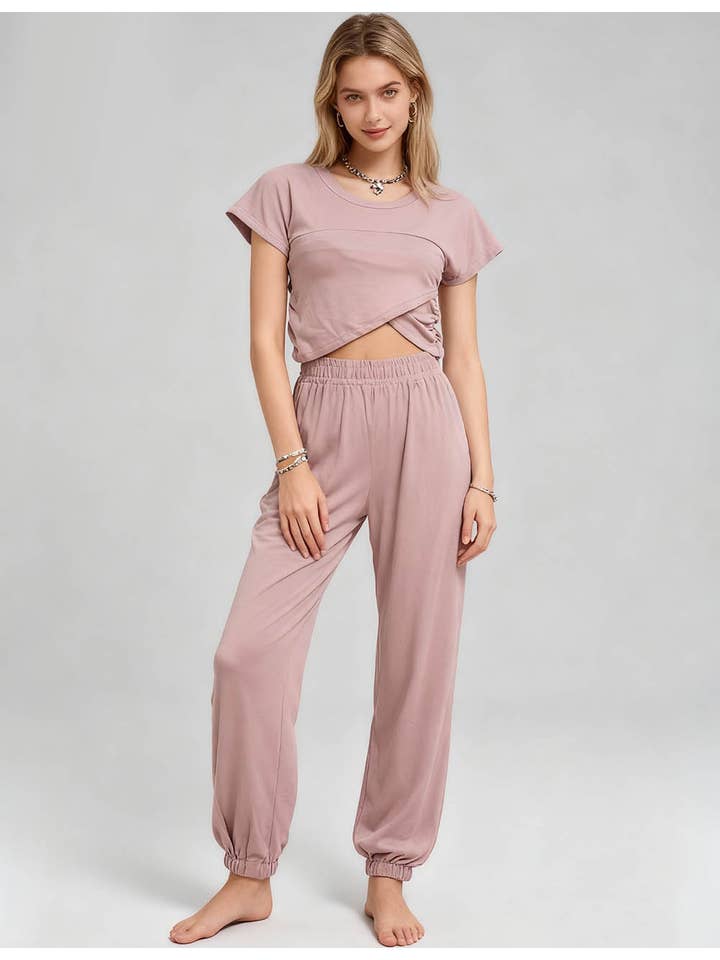 Sweetkama Ladies Solid Color Crop Top and Pants Set